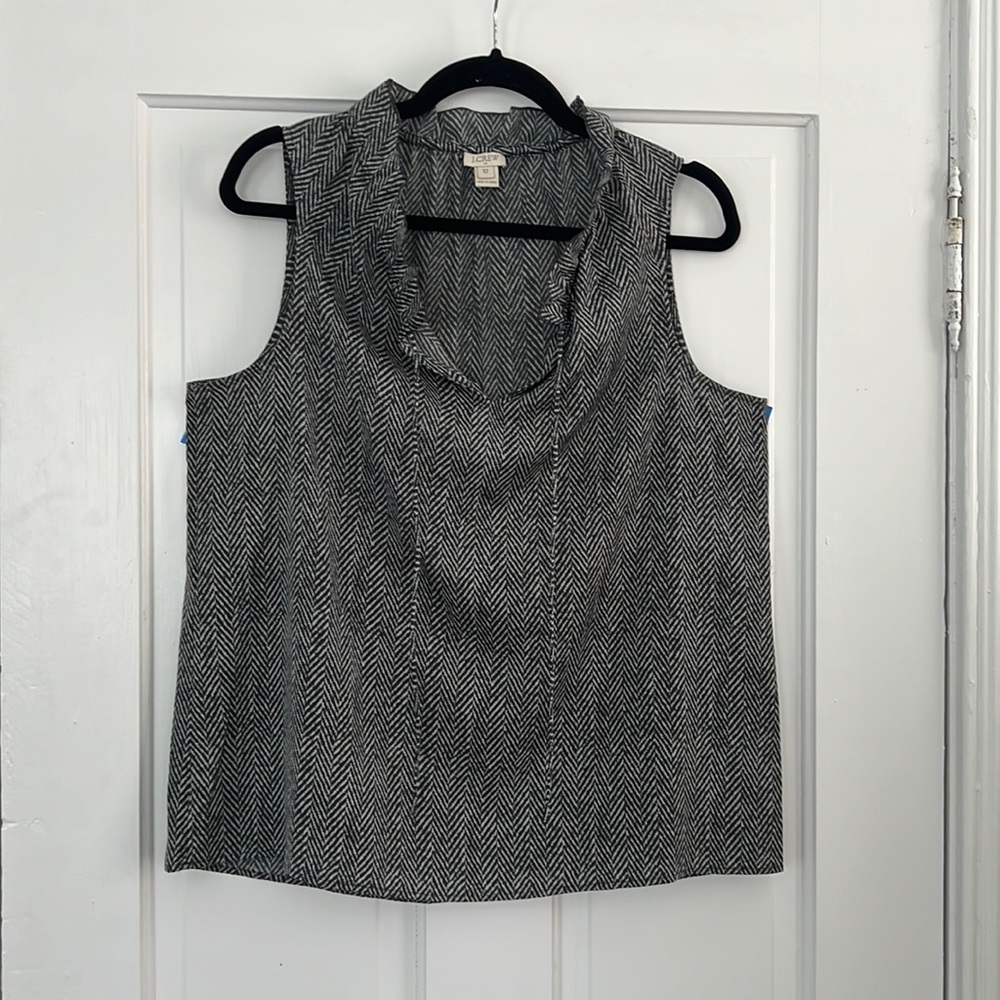 J.Crew Factory Black & White Herringbone Print Sleeveless Top with Ruffle Neck